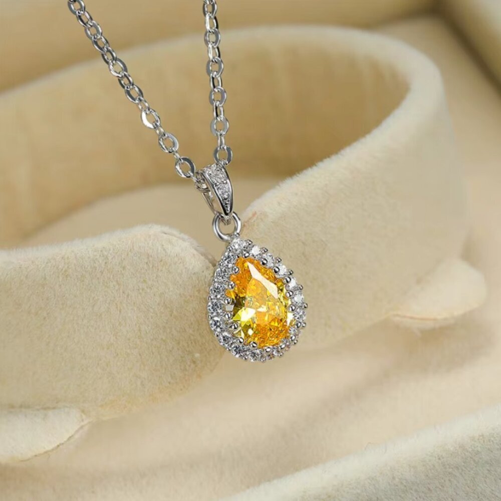 NEW 14k White Gold Yellow Citrine Diamond Necklace Tear Drop Pear Cut Pen…
